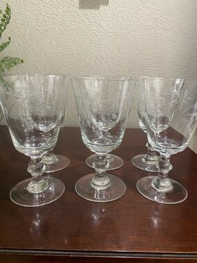 Vintage,Set of 6, Classic Etched Crystal Wine Glasses w/ Ball and Baluster Stem